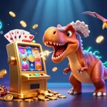 Catch jackpots at zbet: A vibrant illustration of a dinosaur winning big at a casino.