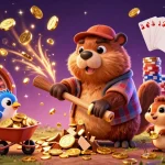 Experience thrilling gaming action with luck8media's cartoon scene filled with coins and casino elements.
