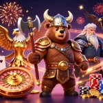 Play some exciting games at red88 with a Viking berserker bear and Valkyrie eagle amid a dynamic casino scene.