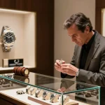 Exploring luxury rolex super clone watches in a chic urban boutique setting with modern decor and soft lighting.