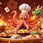 Engage in thrilling Đá gà tx88 action with a vibrant 3D illustration showcasing an octopus chef and dragon.