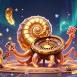 Experience Luckywin with a vibrant 3D nautilus and golden roulette wheels in a rich casino atmosphere.