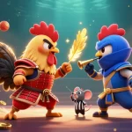 Experience thrilling moments at dabet2026 with dynamic 3D cartoon roosters in a fighting standoff.