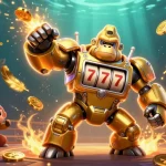 Oxbet golden gorilla mech in an intense casino battle scene with dynamic elements.