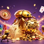 man88 showcases a 3D cartoon beetle rolling coins in a vibrant casino scene filled with slots and roulette