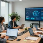 IT team collaborating over Cyber Essentials checklist in modern office setting.