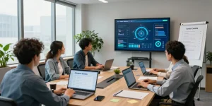 IT team collaborating over Cyber Essentials checklist in modern office setting.