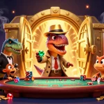 tx88 casino illustration features velociraptor card counter and a stegosaurus pit boss at a blackjack table.