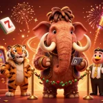 Experience luck8ss at the vibrant casino with a mammoth bouncer, exciting slot reels, and festive decor.