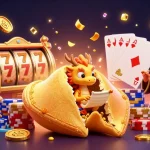 Spin and win at the slot machine in an energetic casino scene filled with gold coins and prizes.