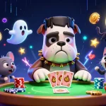 Thabet's dynamic casino scene featuring a Frankenstein bulldog dealer, glowing arcade machines, and a werewolf kitten.