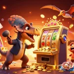 sunwin mới celebrates a jackpot as a dinosaur interacts with a slot machine amidst vibrant casino elements.