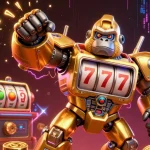 Experience thrilling slot gacor action with a dynamic illustration featuring a golden mech and slot machine elements.
