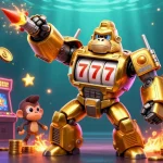 Witness the action at luck8com-vn with a dynamic casino-themed illustration showcasing a golden gorilla mech.