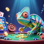 Engage in bắn cá mm88 where a vibrant chameleon casino owner snatches golden coins in a thrilling underwater scene.