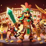 Play thrilling slots at red88 with Aztec warriors alongside vibrant treasures in an exciting casino scene.