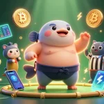 Luck8 features a dynamic casino scene illustrating a fugu in a sumo belt with coins and blockchain elements.