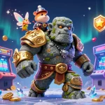 Engage with exhilarating gameplay at depo 10k, featuring a magical scene of a golem guardian and a fairy casting spells.