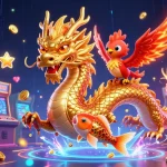 Experience thrilling gameplay action at Sin 88 with a vibrant illustration of a golden dragon and phoenix amidst casino elements.