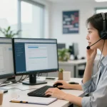 Asesor en centro de atención al cliente sobre etb teléfono en espacio de trabajo moderno.