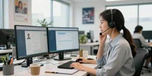Asesor en centro de atención al cliente sobre etb teléfono en espacio de trabajo moderno.