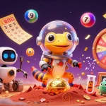 Experience the excitement of ao888 with a Martian gecko discovering a golden casino filled with vibrant games and cheering aliens.