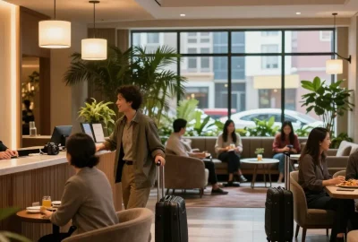 rokok88 at The Orient Hotel's inviting lobby with guests checking in
