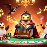 Watch gg88's captivating casino world as penguins and acrobats interact in a glamorous gambling scene.